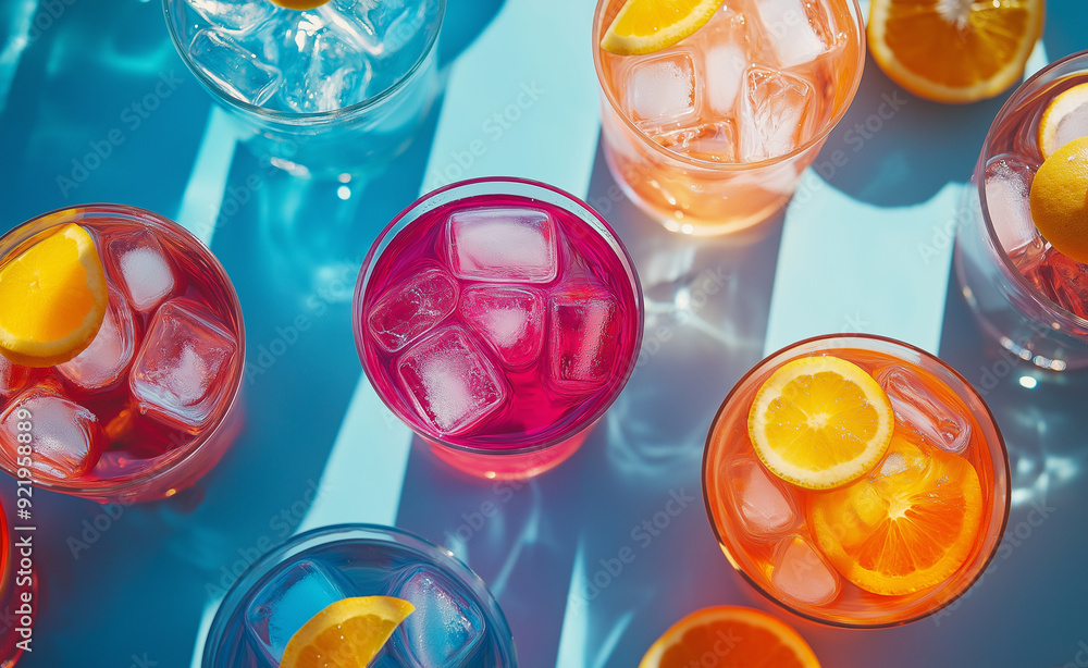 Poster a variety of colorful drinks with ice and citrus slices from a top-down view.
