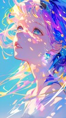 Naklejka premium Glittering anime woman with phantasmal light vibrant iridescent colors and dreamlike backdrop
