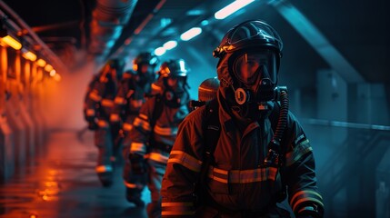 A group of firefighters training with high-tech equipment, preparing for potential emergencies as part of a risk mitigation plan.