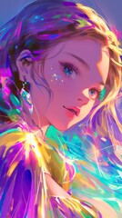 Fototapeta premium Glittering anime woman with phantasmal light vibrant iridescent colors and dreamlike backdrop