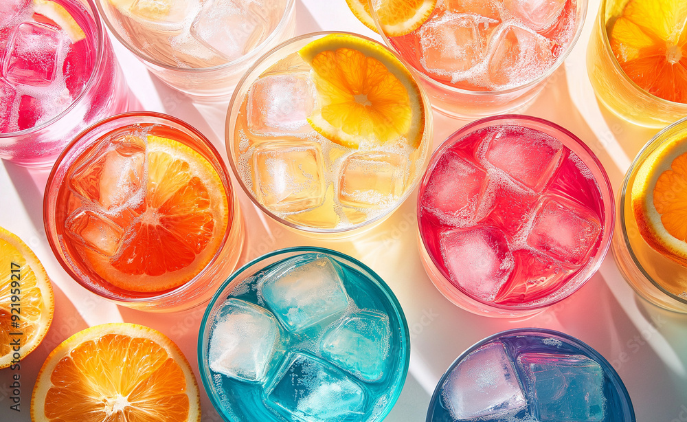 Poster a variety of colorful drinks with ice and citrus slices from a top-down view.