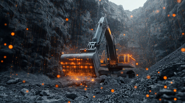 High-tech excavator in a quarry with digital interface overlay.