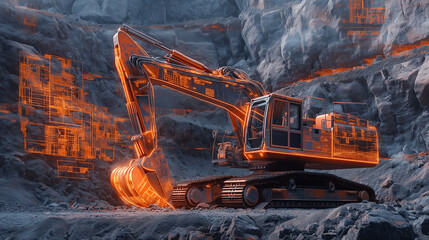 High-tech excavator in a quarry with digital interface overlay.