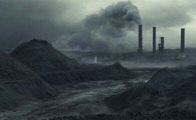 Fototapeta premium Industrial scene with smoking chimneys and piles of coal on a cloudy day. 