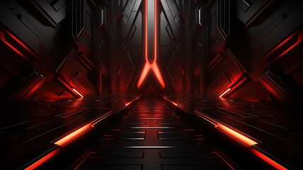 Abstract futuristic corridor with red neon lights.