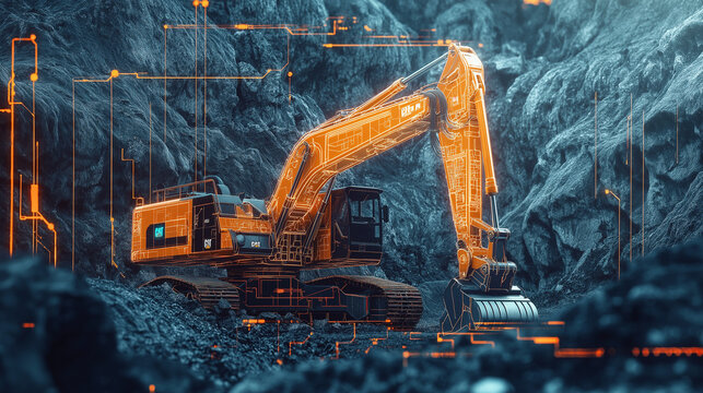 High-tech excavator in a quarry with digital interface overlay.