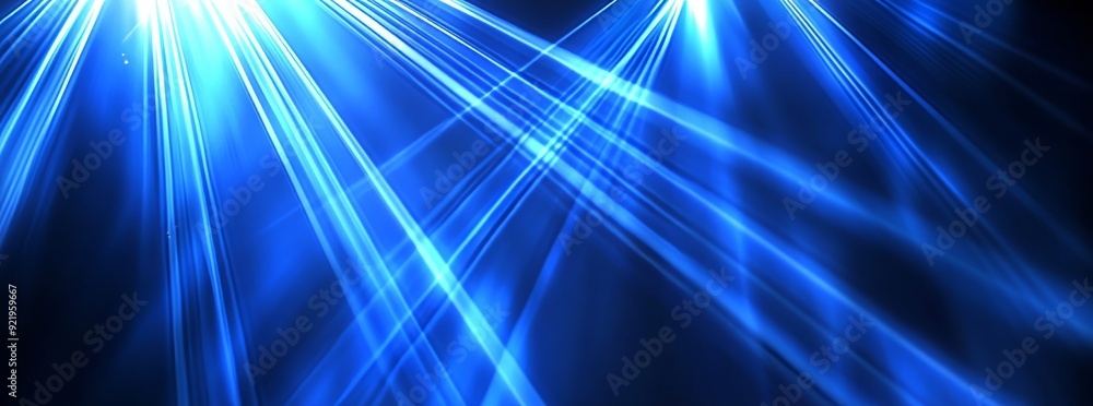 Poster the background is blue with neon rays and lines. the reflection is in a space of symmetry. the abstr
