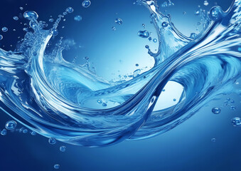blue water splash with bubbles on blue background. 3d render illustration	