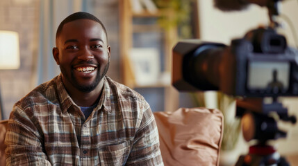 Smiling Man Recording Video at Home Studio. Cheerful man in a plaid shirt sitting in a home studio, recording video content. cozy, well-lit environment enhances the personal and creative atmosphere.