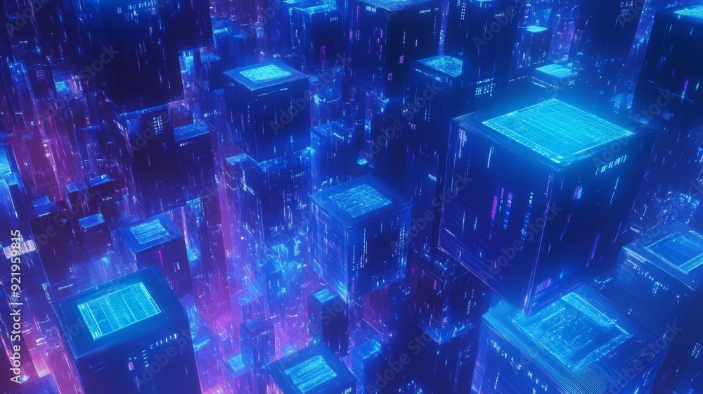 Poster the image is a 3d rendering of a futuristic city with data in a digital background