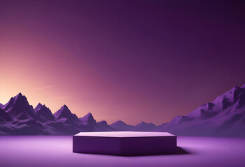 A mountain landscape with a podium with a sunset sky
