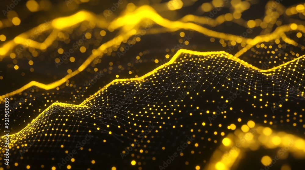 Poster the illustration is an abstract wave of dots and lines with bright particles on a dark background. d