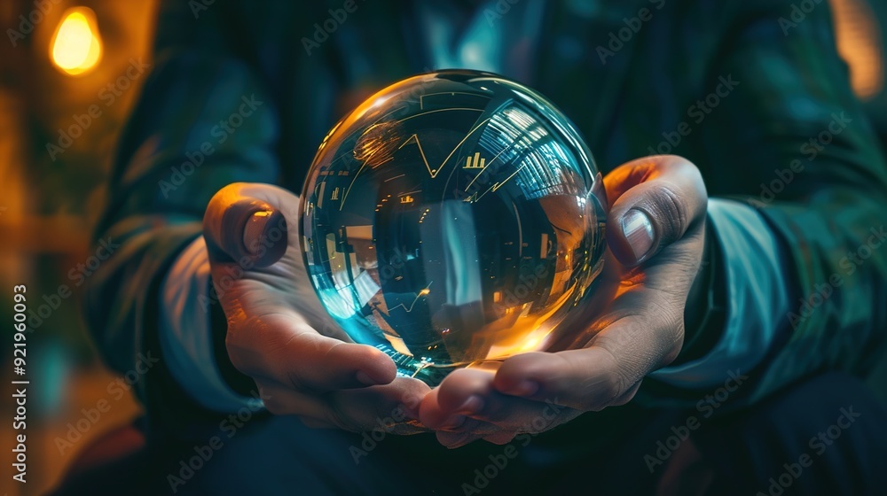 Poster a professional consulting with a crystal ball, symbolizing the use of predictive analytics in risk m