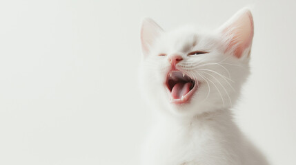 Fototapeta premium Adorable white kitten yawning with eyes closed against a plain background.