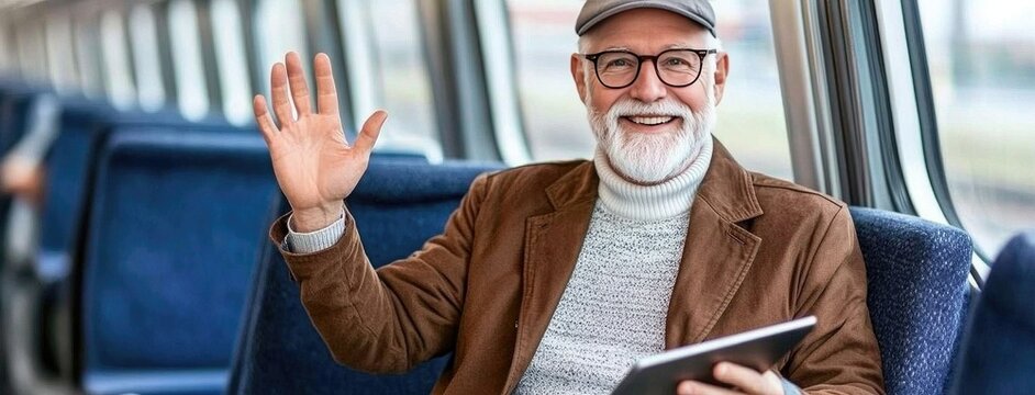 Happy senior man enjoying a train journey, waving cheerfully while holding a digital tablet in a modern carriage