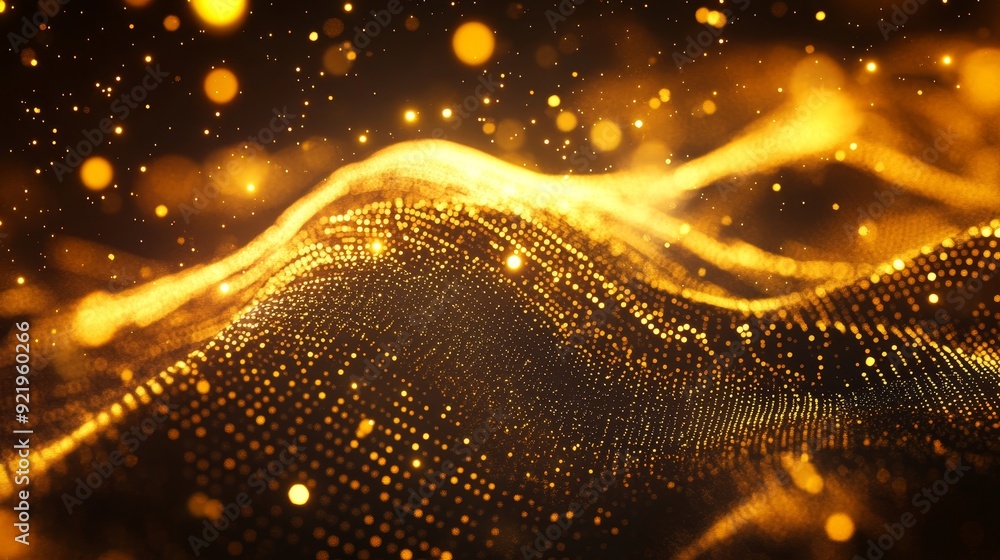 Poster abstract digital particles wave flow background concept in gold color