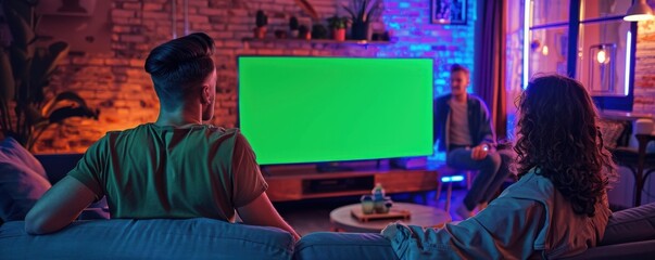 Fototapeta premium Cozy atmosphere with friends enjoying a movie night, focused on a green screen TV. The warm lighting and relaxed expressions create a sense of togetherness and anticipation.