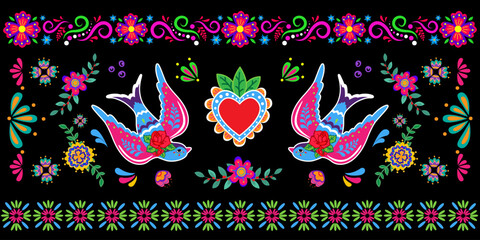 Birds with heart and flowers. Vintage folk background with flying swallow. 