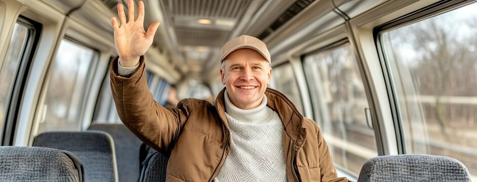 A joyful senior man enjoying a train ride, dressed warmly and happily waving while using a digital tablet