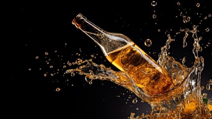 Brown beer bottle on dark black scene with water splash for beverage advertisement. Neural network ai generated art