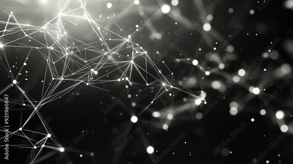Poster a white background with dots and lines on a black background represents a technological network in a