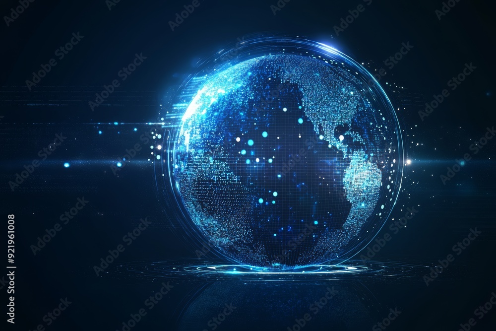 Poster 3d rendering of an abstract graphic world map illustration with a blue background and a big data and