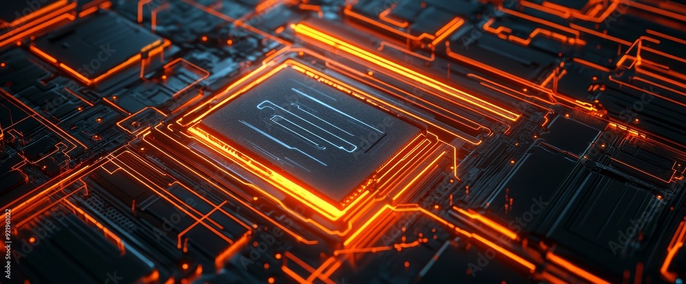 Poster this is a printed circuit board futuristic server. it has a bokeh effect and a black and orange tech
