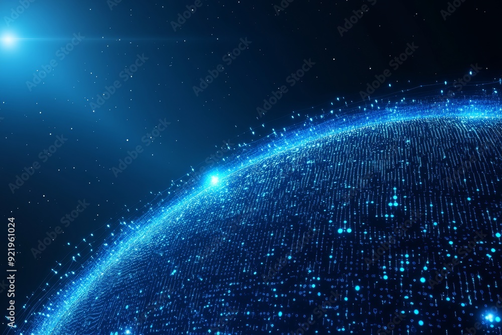 Poster illustration of a graphic world map on a blue background, depicting the big data and networking conc