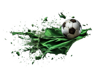 Dynamic Soccer Ball Breaking Through Vibrant Green Fabric in Action-Packed Moment of Excitement on White or PNG Transparent Background.