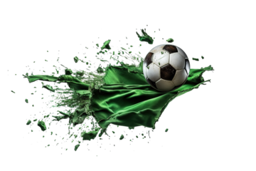 Dynamic Soccer Ball Breaking Through Vibrant Green Fabric in Action-Packed Moment of Excitement on White or PNG Transparent Background.