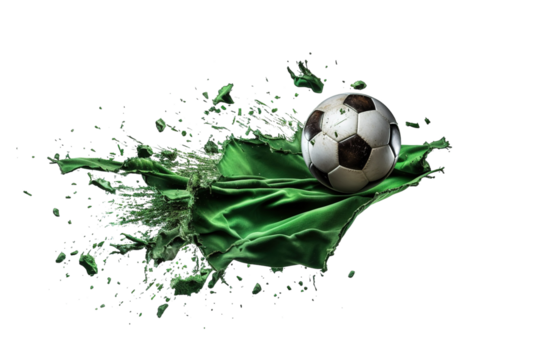 Dynamic Soccer Ball Breaking Through Vibrant Green Fabric in Action-Packed Moment of Excitement on White or PNG Transparent Background.