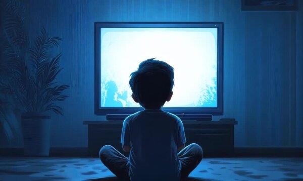 little boy look tv in childs room animation