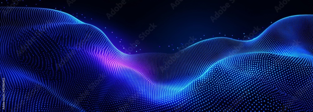 Poster flowing dots with defocused particles in motion. digital wave technology background concept. cyber o