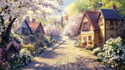 A charming village scene with a cobblestone street lined by flowering dogwood trees. The delicate white and pink blossoms add a touch of beauty and serenity to the quaint, picturesque surroundings.