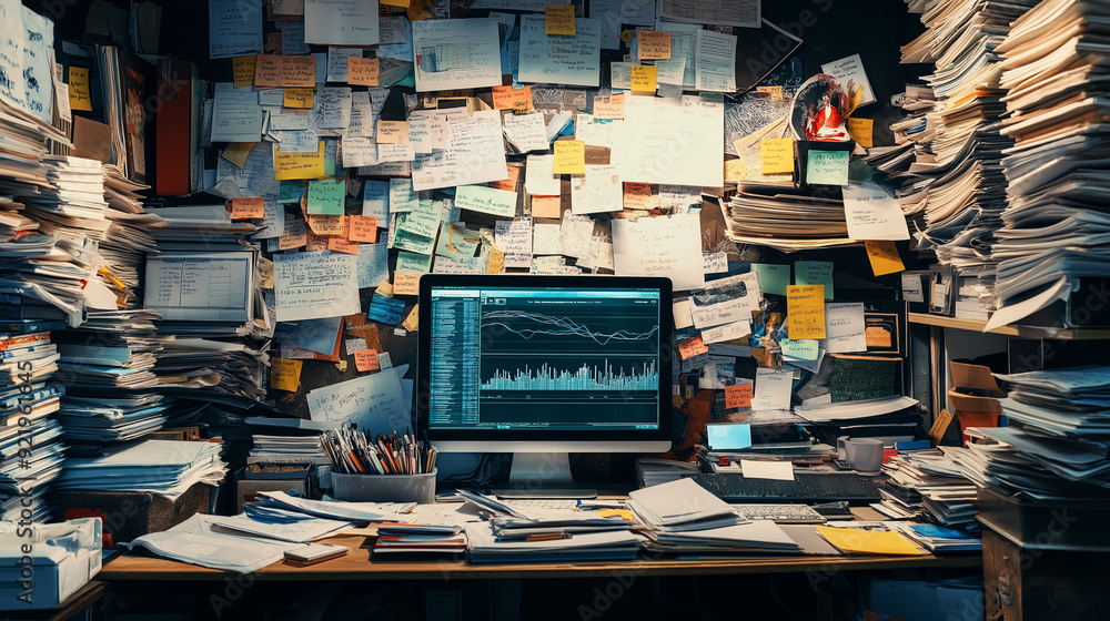 Poster cluttered desk with stacks of papers, a computer monitor, and sticky notes.