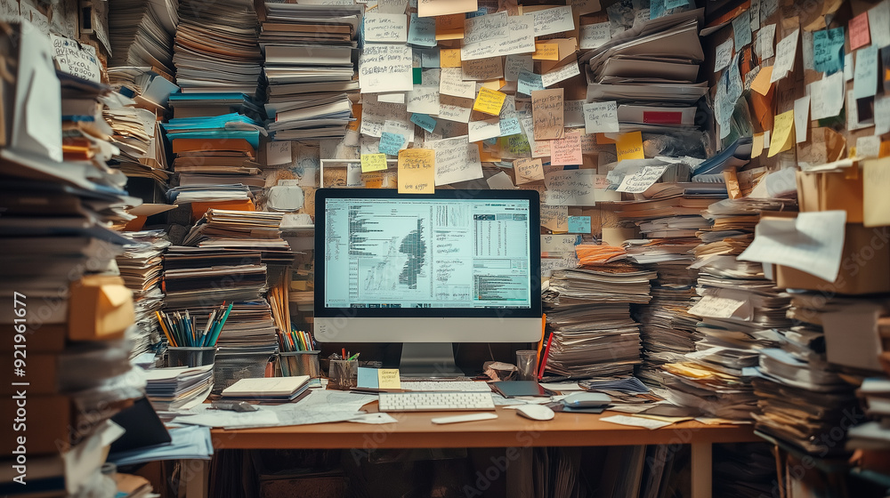 Poster cluttered desk with stacks of papers, a computer monitor, and sticky notes.