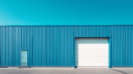 Fototapeta premium Blue industrial warehouse building with a white garage door.