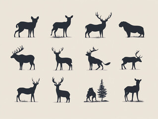 Fototapeta premium Set of 12 deer silhouette illustrations, perfect for logo, design, or print.