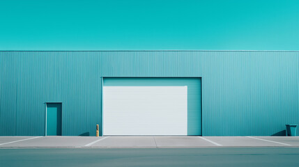 Blue industrial warehouse building with a white garage door.