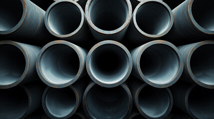 Close-up of stacked metal pipes with a reflective surface.