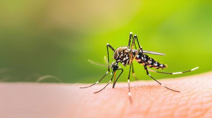 A close-up of a mosquito on a person's arm, illustrating the moment of a bite and potential disease transmission