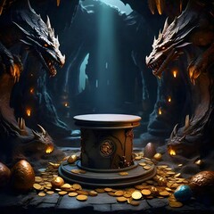 A majestic dragon guards a treasure trove of golden coins and eggs in a mystical, dimly-lit cave, perfect for fantasy product showcase