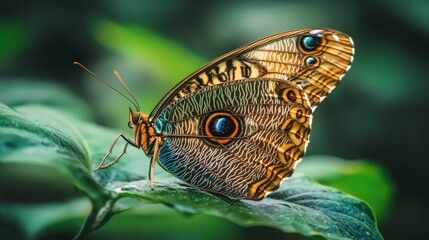 Fototapeta premium A close-up of a butterfly with its wings folded, revealing its underside patterns. The detailed textures and colors of the wings contrast with the blurred background of greenery.