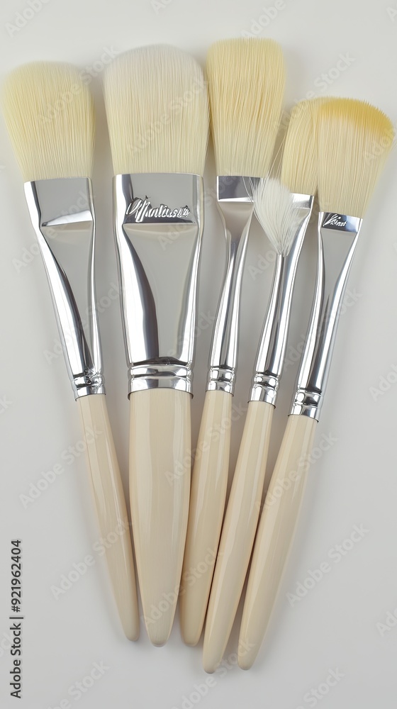 Poster a collection of art brushes creatively arranged in a circular pattern, showcasing their textures and