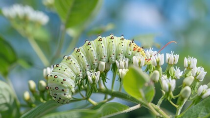 A caterpillar on a milkweed plant, showcasing the specific plants they feed on during their larval stage