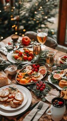 The table showcases an array of festive dishes and drinks, creating a warm holiday atmosphere
