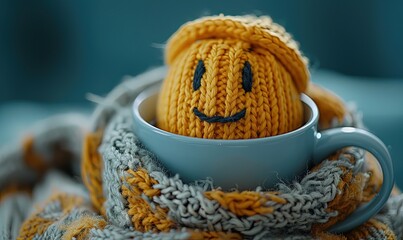 Blue monday concept. Cup of tea with sad smiley face wrapped in a knitted scarf on blue background. The saddest day of the year