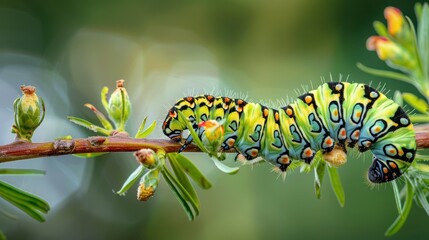 A caterpillar on a branch, preparing to transform into a chrysalis, illustrating the life cycle of butterflies