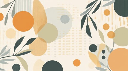 A modern abstract design featuring geometric shapes and foliage in warm colors.
