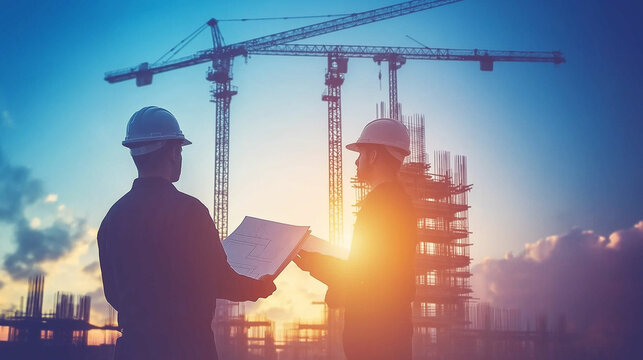 Two construction workers reviewing blueprints at a building site during sunset.